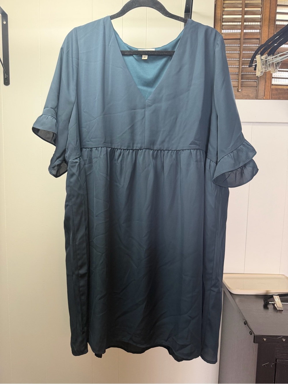 Chic Soul Teal V-Neck Ruffle Sleeve Mini Dress